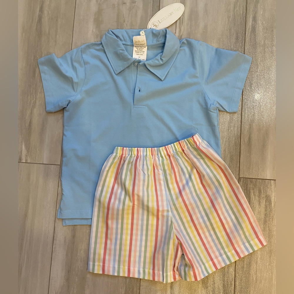 NWT Lullaby Set Parker Blue Polo Shirt & Colorful Rainbow Stripe Shorts Set 8